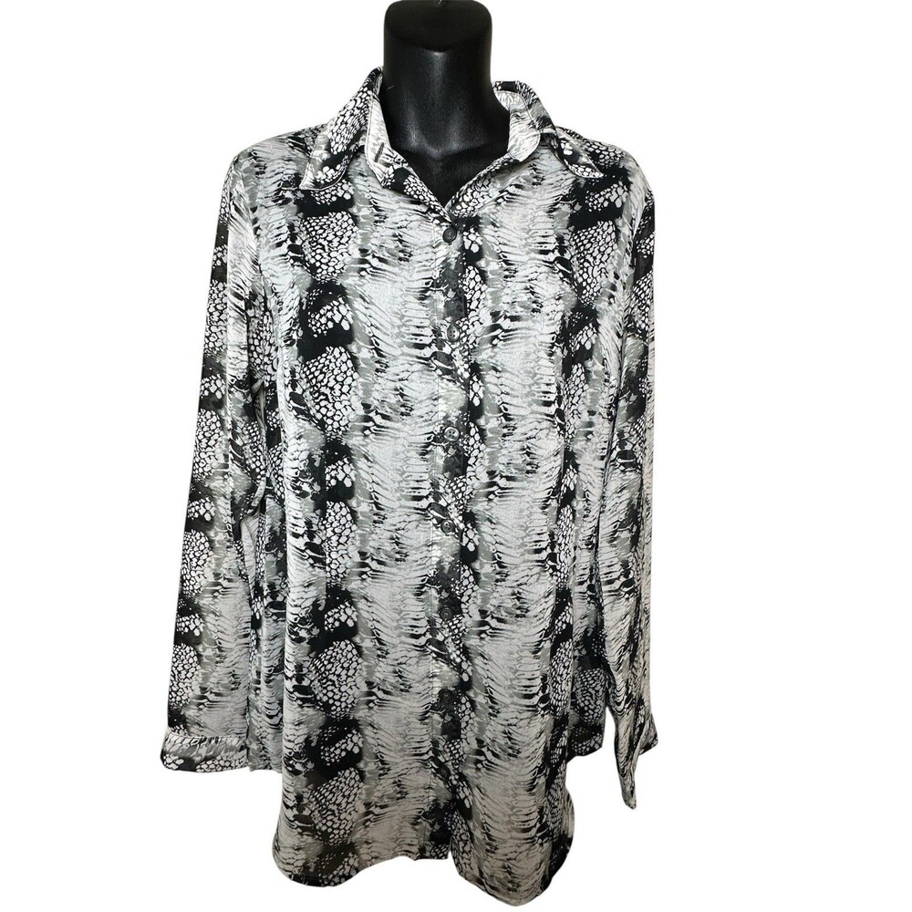 CAbi Sheer Snakeskin Long Sleeve Button-up Blouse Women's S Black White Top